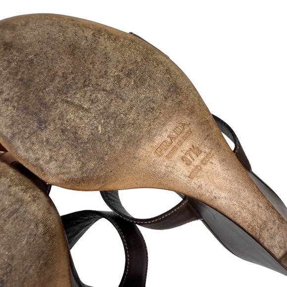 Prada Brown Leather Logo Wedge Sandals - Picture 8 of 8